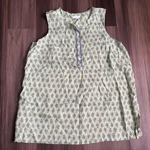 Pure Jill Women's Linen Top Large Sleeveless Floral 1/4 Button Green Blue Blouse